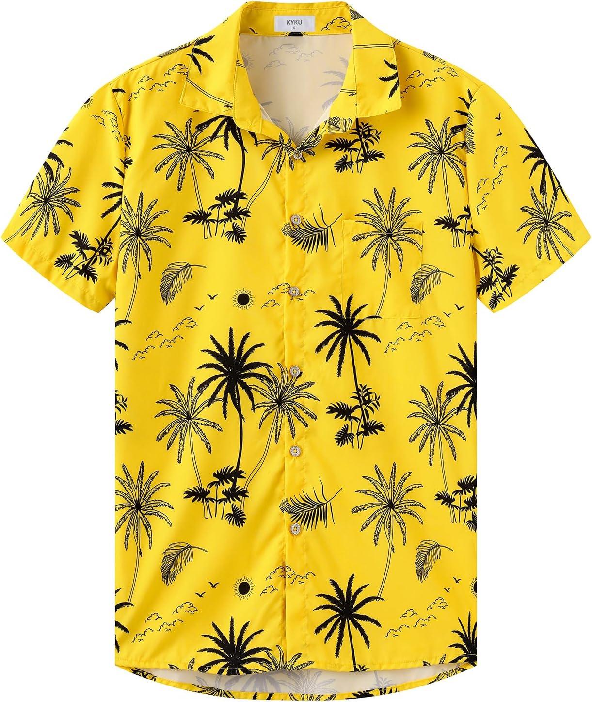 imageKYKU Hawaiian Mens Shirts Casual Beach Vacation Tropical Mens Button Down Short Sleeve Shirt with PocketYellow Men Hawaiian Button Down Shirts