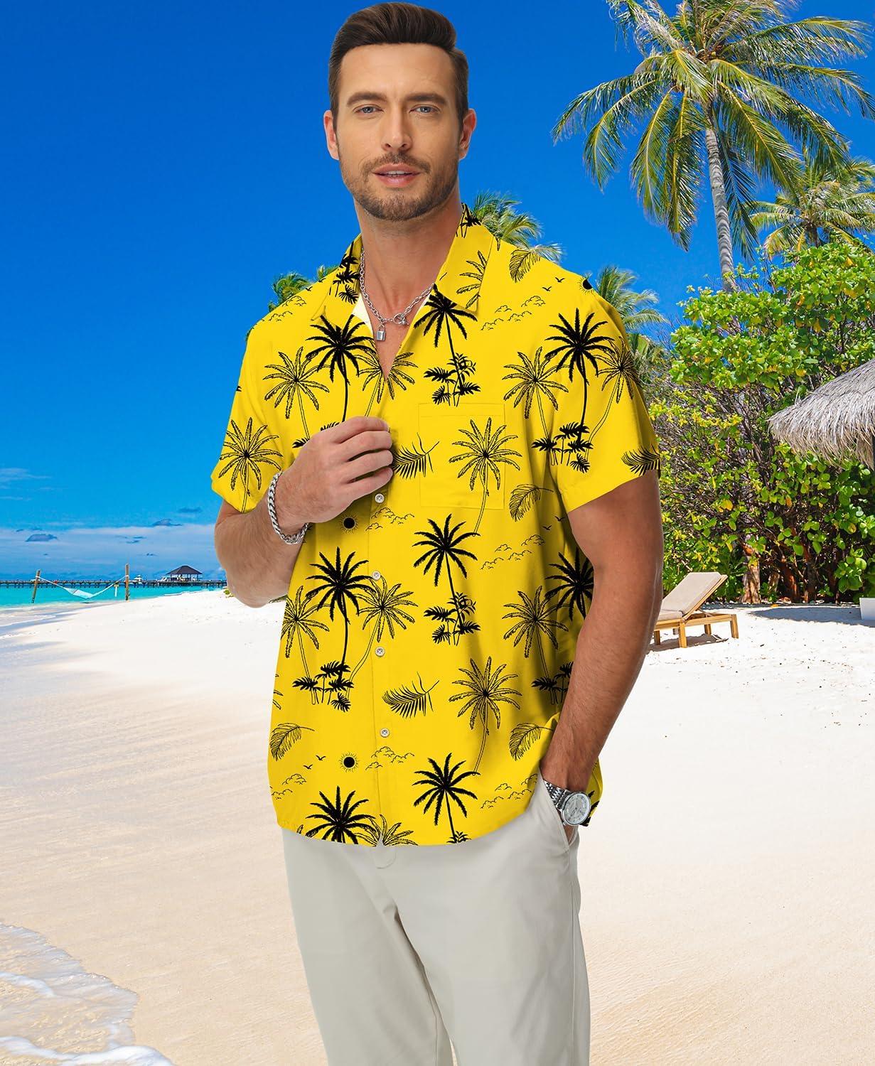 imageKYKU Hawaiian Mens Shirts Casual Beach Vacation Tropical Mens Button Down Short Sleeve Shirt with PocketYellow Men Hawaiian Button Down Shirts