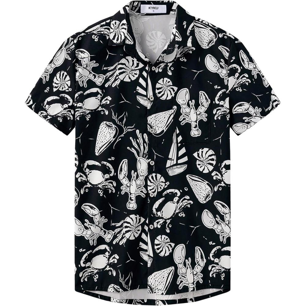 imageKYKU Hawaiian Mens Shirts Casual Beach Vacation Tropical Mens Button Down Short Sleeve Shirt with PocketBeach Black Men Hawaiian Button Shirt