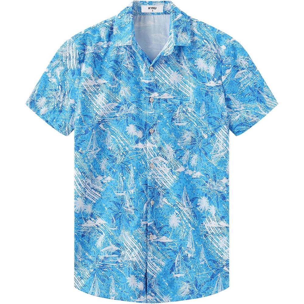 imageKYKU Hawaiian Mens Shirts Casual Beach Vacation Tropical Mens Button Down Short Sleeve Shirt with PocketBeach Blue White Men Hawaiian Button Shirt