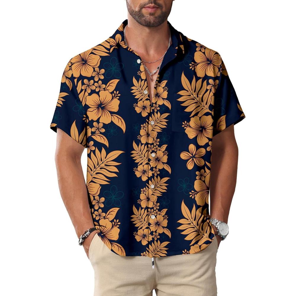 imageKYKU Hawaiian Mens Shirts Casual Beach Vacation Tropical Mens Button Down Short Sleeve Shirt with PocketBlue Orange Hawaiian Men Button Down Shirt