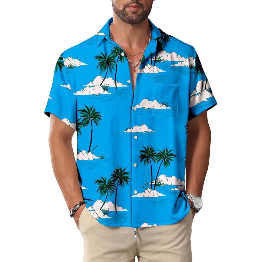 imageKYKU Hawaiian Mens Shirts Casual Beach Vacation Tropical Mens Button Down Short Sleeve Shirt with PocketBlue Tropical Hawaiian Shirt Men