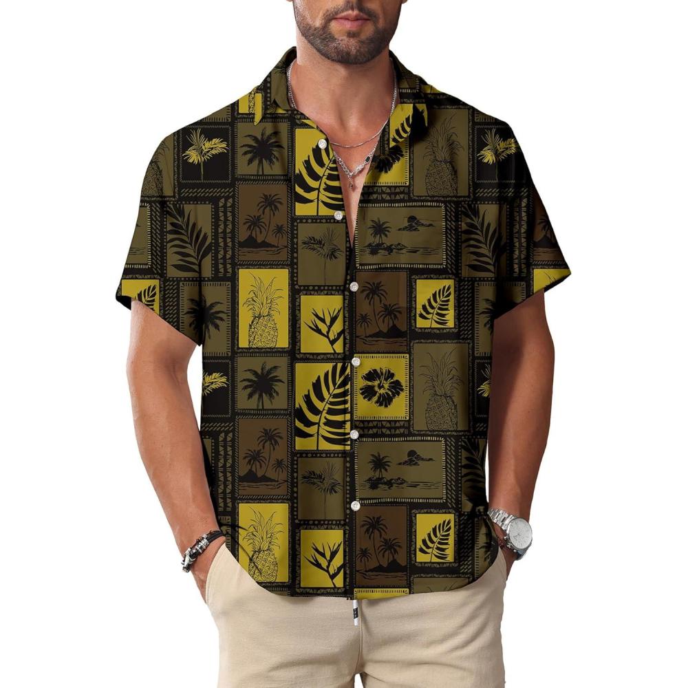 imageKYKU Hawaiian Mens Shirts Casual Beach Vacation Tropical Mens Button Down Short Sleeve Shirt with PocketBrown Hawaiian Men Button Down Shirt