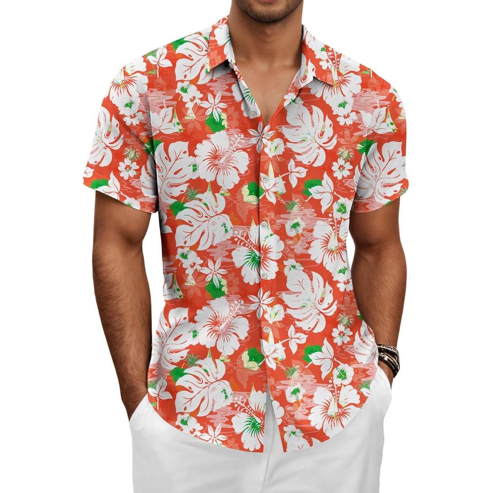 imageKYKU Hawaiian Mens Shirts Casual Beach Vacation Tropical Mens Button Down Short Sleeve Shirt with PocketFlorals Red Men Hawaiian Button Shirt