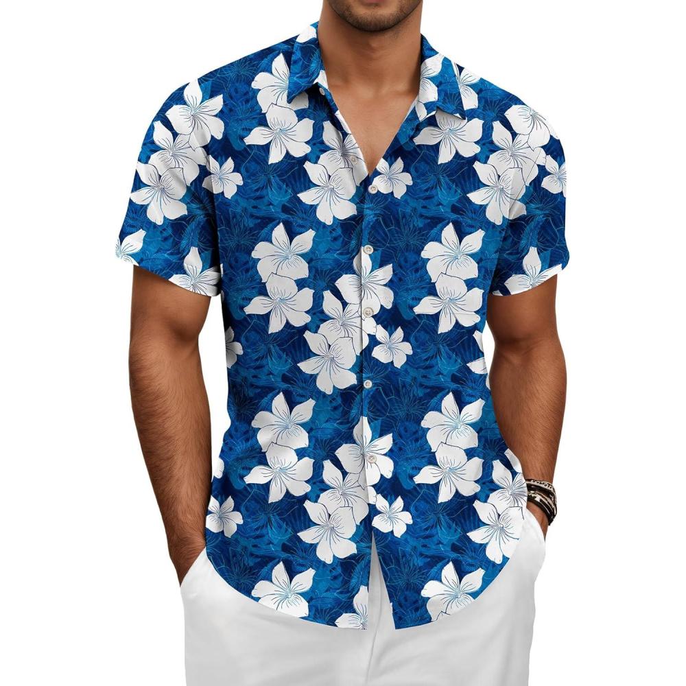 imageKYKU Hawaiian Mens Shirts Casual Beach Vacation Tropical Mens Button Down Short Sleeve Shirt with PocketFlorals White Men Hawaiian Button Shirt