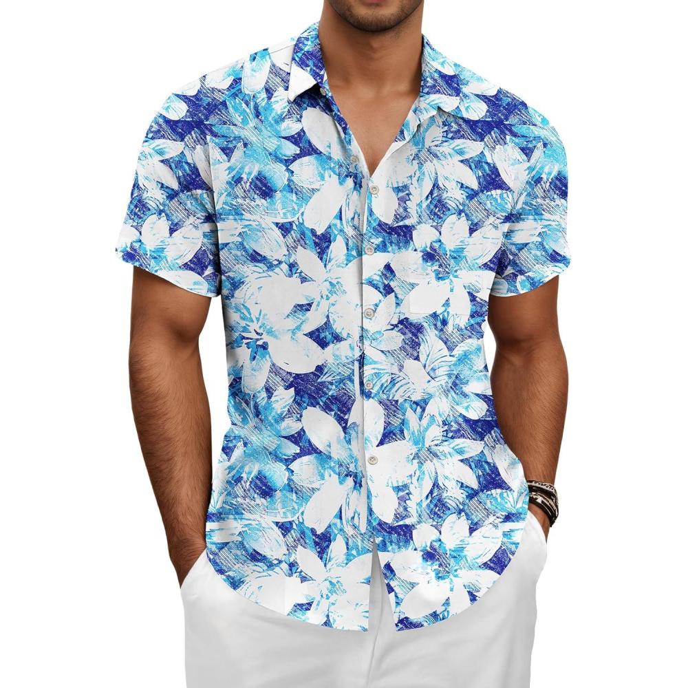 imageKYKU Hawaiian Mens Shirts Casual Beach Vacation Tropical Mens Button Down Short Sleeve Shirt with PocketFlower White Men Hawaiian Button Shirt