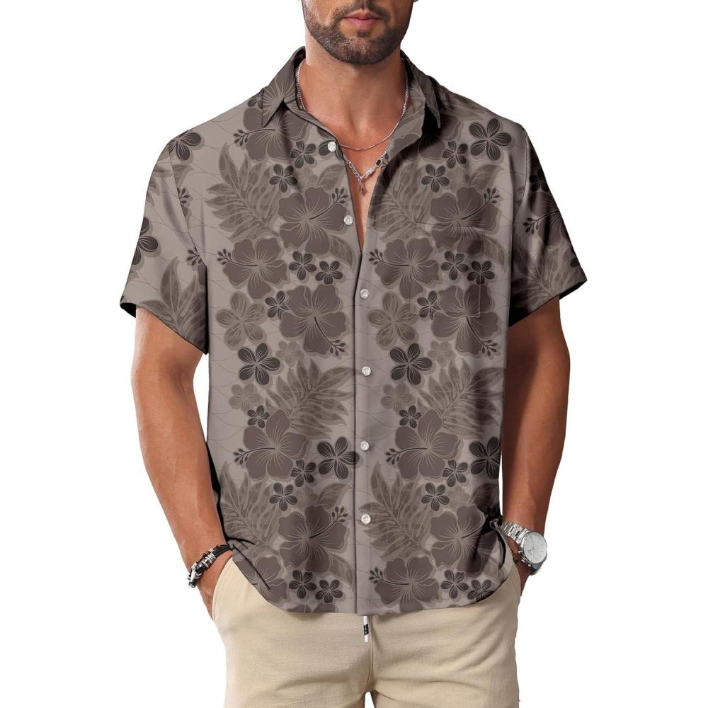 imageKYKU Hawaiian Mens Shirts Casual Beach Vacation Tropical Mens Button Down Short Sleeve Shirt with PocketGray Brown Hawaiian Men Button Down Shirt