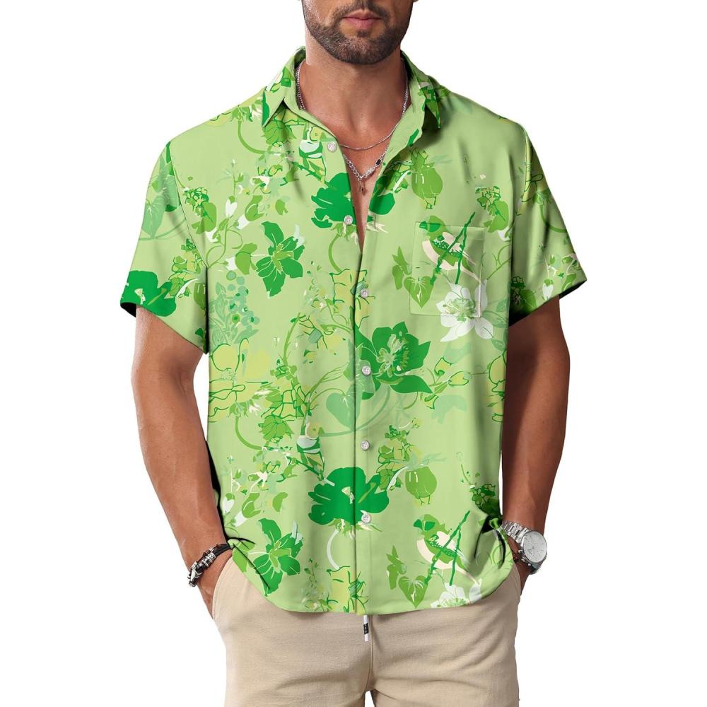 imageKYKU Hawaiian Mens Shirts Casual Beach Vacation Tropical Mens Button Down Short Sleeve Shirt with PocketGreen Hawaiian Men Casual Button Down Shirt