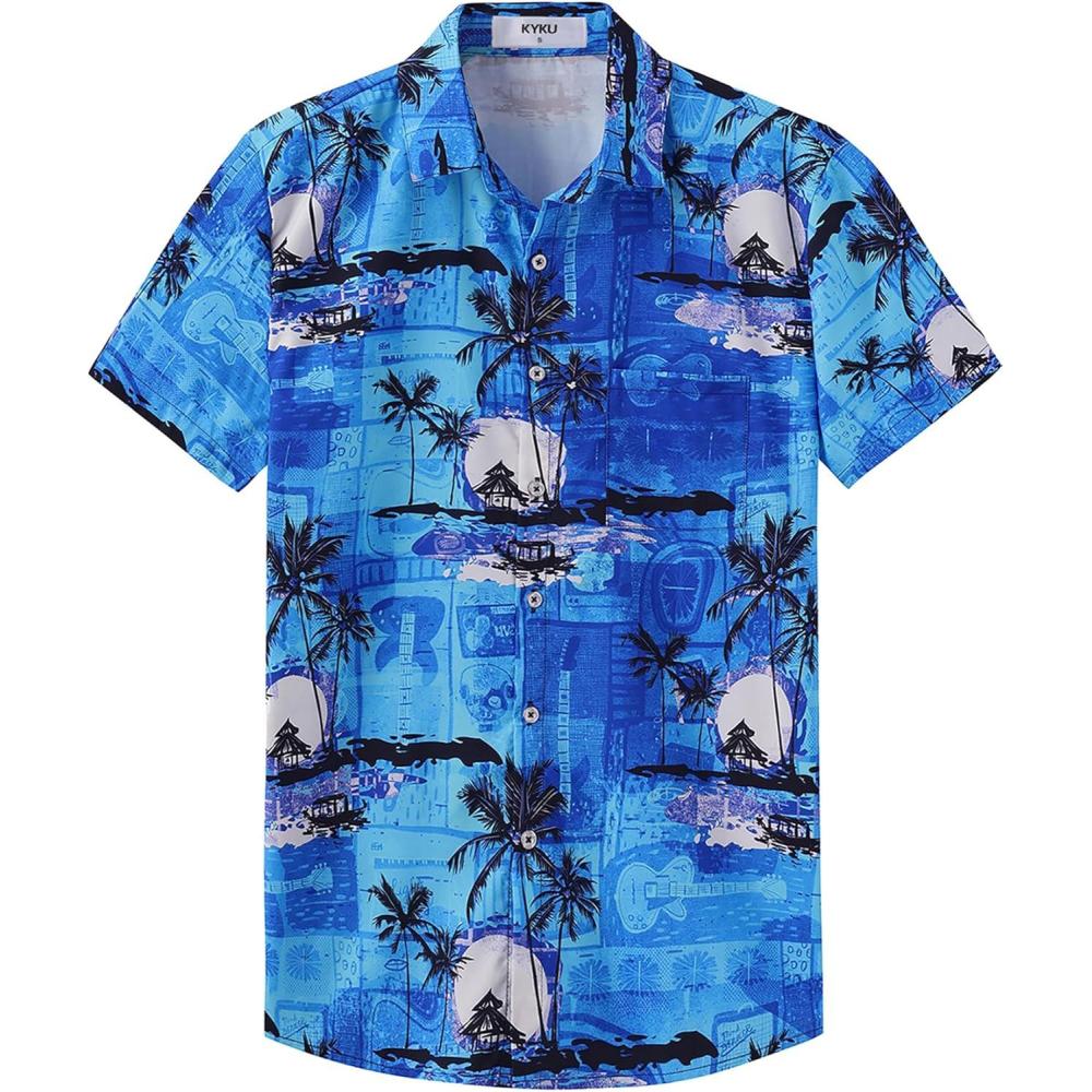 imageKYKU Hawaiian Mens Shirts Casual Beach Vacation Tropical Mens Button Down Short Sleeve Shirt with PocketGuitar Blue Men Hawaiian Button Shirt