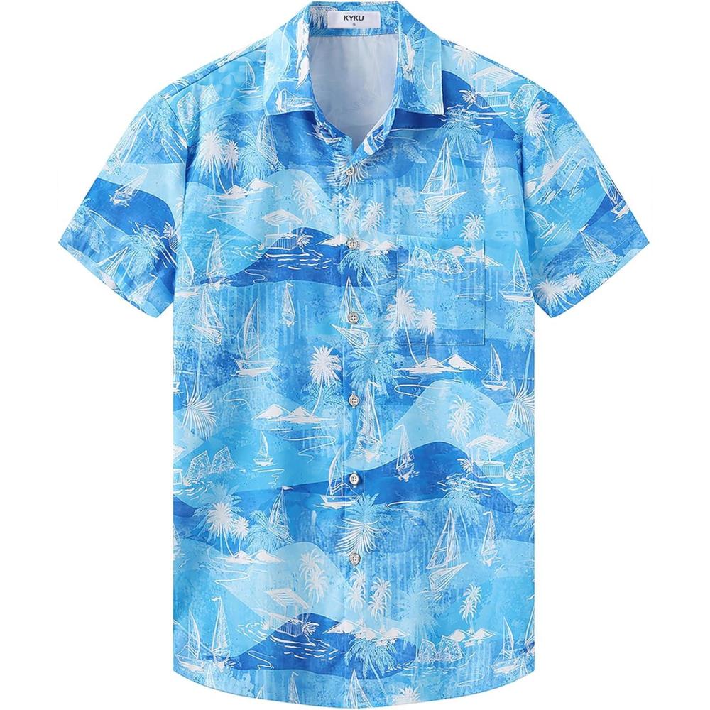 imageKYKU Hawaiian Mens Shirts Casual Beach Vacation Tropical Mens Button Down Short Sleeve Shirt with PocketIslands Blue Men Hawaiian Button Shirt