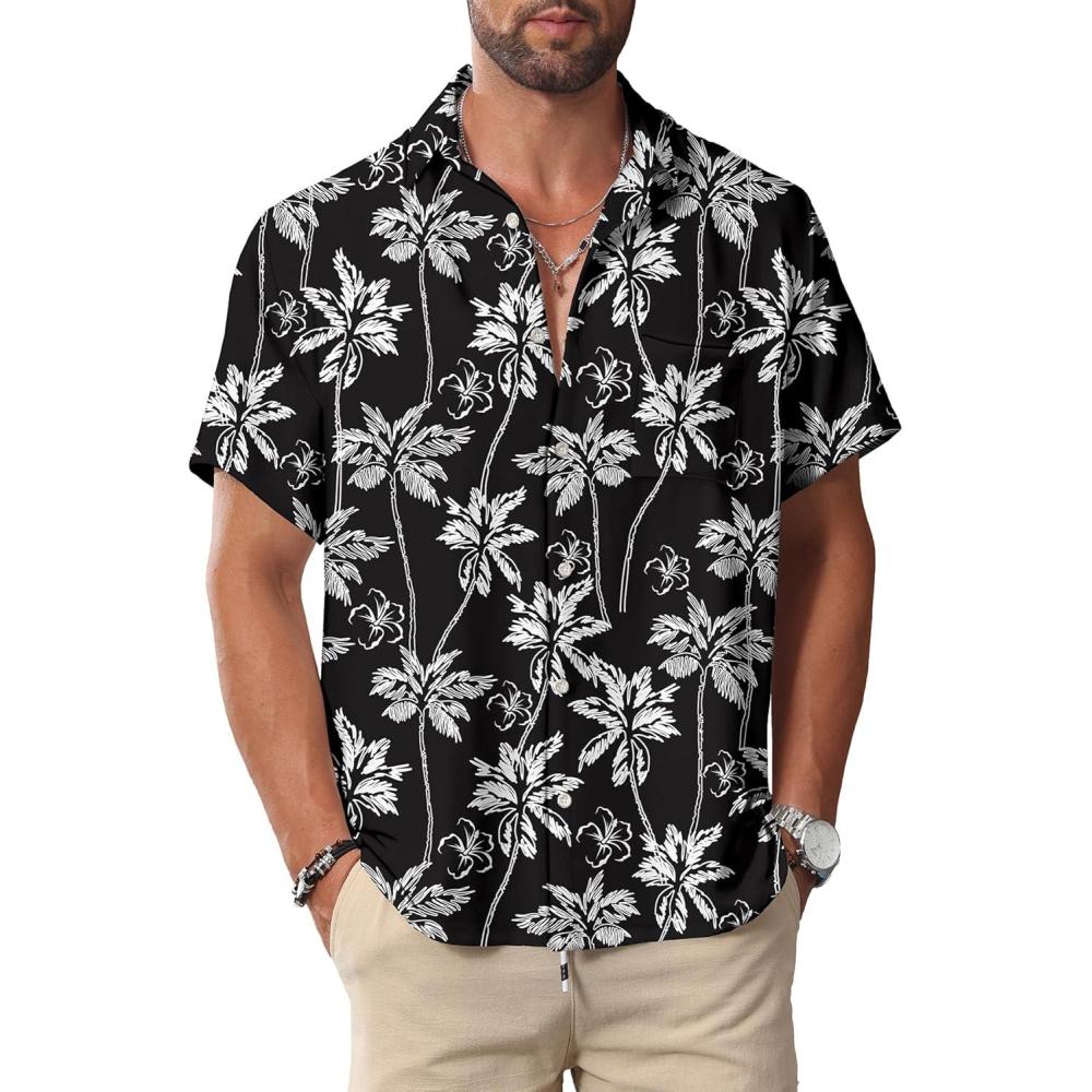 imageKYKU Hawaiian Mens Shirts Casual Beach Vacation Tropical Mens Button Down Short Sleeve Shirt with PocketTree Black Men Hawaiian Button Shirt