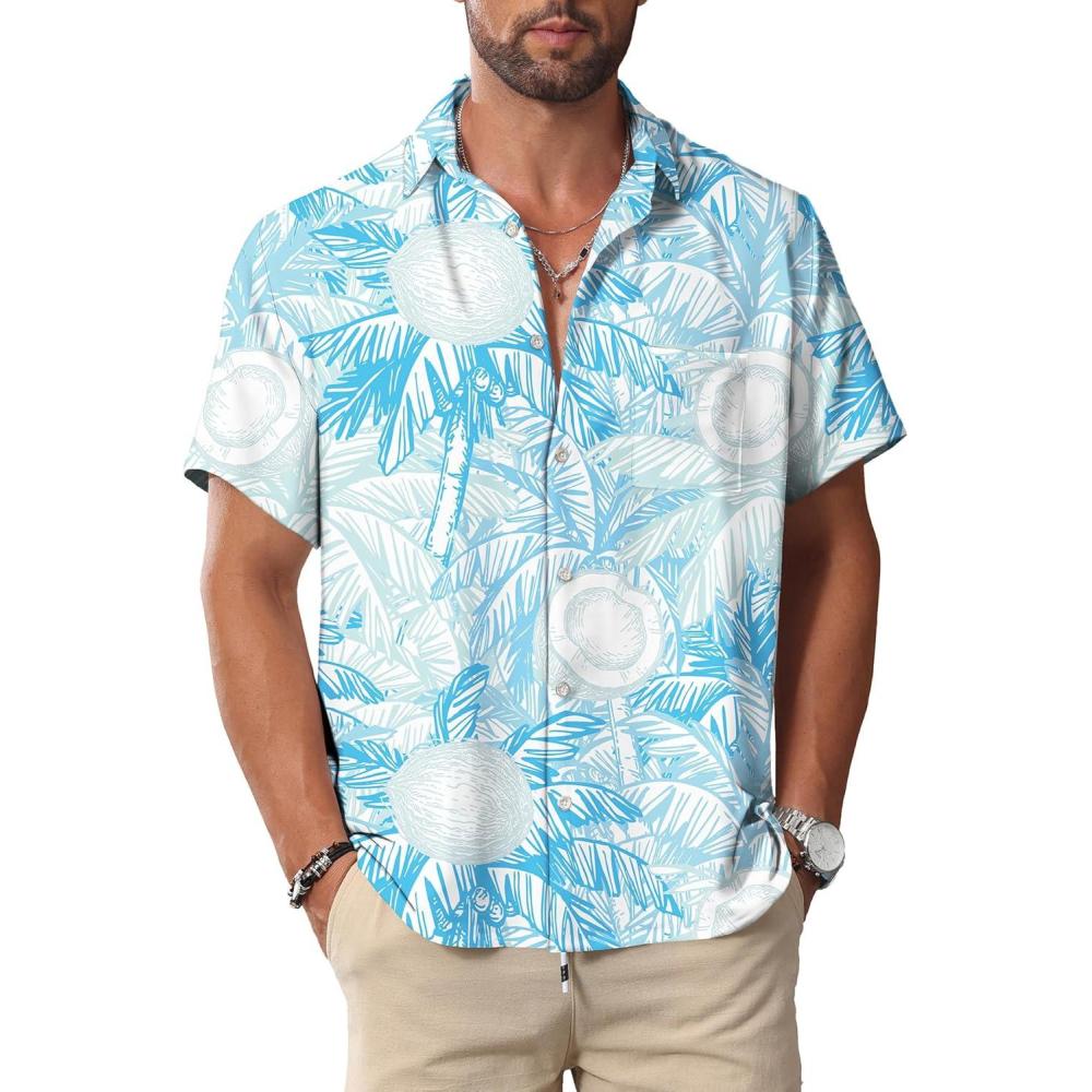 imageKYKU Hawaiian Mens Shirts Casual Beach Vacation Tropical Mens Button Down Short Sleeve Shirt with PocketWhite Blue Hawaiian Men Button Down Shirt