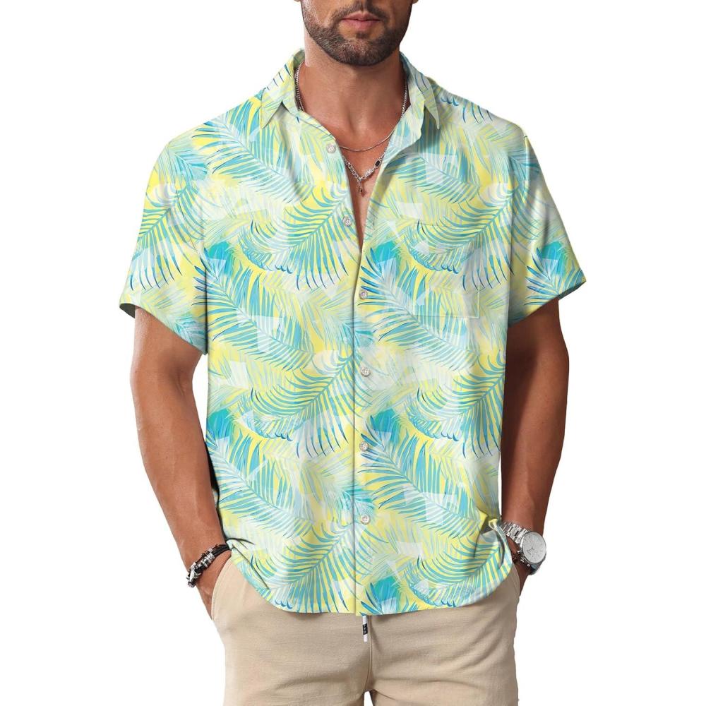 imageKYKU Hawaiian Mens Shirts Casual Beach Vacation Tropical Mens Button Down Short Sleeve Shirt with PocketYellow Blue Men Hawaiian Button Down Shirts