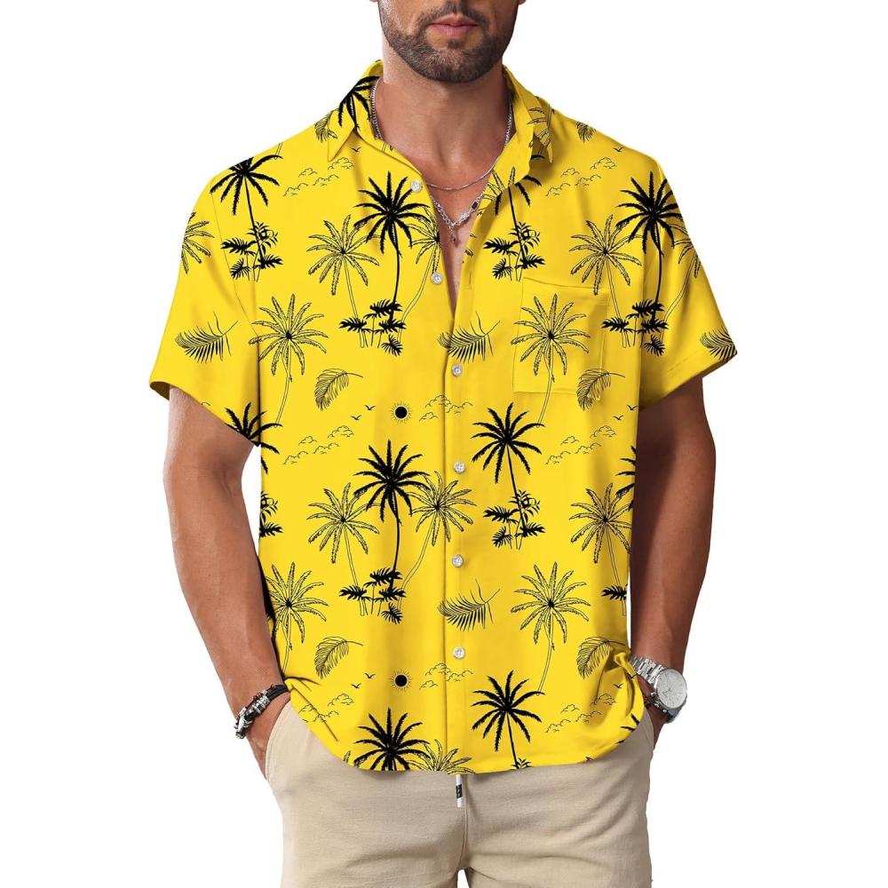 imageKYKU Hawaiian Mens Shirts Casual Beach Vacation Tropical Mens Button Down Short Sleeve Shirt with PocketYellow Men Hawaiian Button Down Shirts