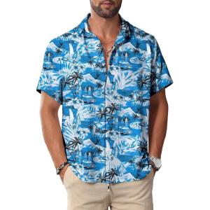 imageKYKU Hawaiian Mens Shirts Casual Beach Vacation Tropical Mens Button Down Short Sleeve Shirt with PocketBeach Blue Men Hawaiian Button Shirt