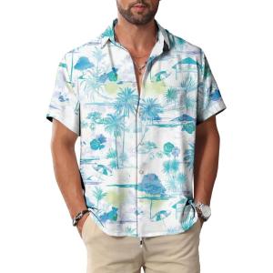 imageKYKU Hawaiian Mens Shirts Casual Beach Vacation Tropical Mens Button Down Short Sleeve Shirt with PocketBlue White Hawaiian Men Button Down Shirt