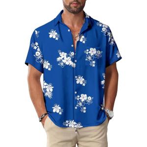 imageKYKU Hawaiian Mens Shirts Casual Beach Vacation Tropical Mens Button Down Short Sleeve Shirt with PocketBlue White Mens Shirts Casual