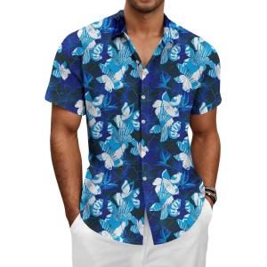 imageKYKU Hawaiian Mens Shirts Casual Beach Vacation Tropical Mens Button Down Short Sleeve Shirt with PocketFlorals Blue Men Hawaiian Button Shirt