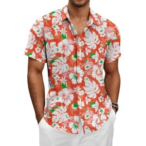 imageKYKU Hawaiian Mens Shirts Casual Beach Vacation Tropical Mens Button Down Short Sleeve Shirt with PocketFlorals Red Men Hawaiian Button Shirt