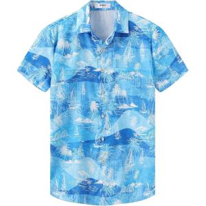 imageKYKU Hawaiian Mens Shirts Casual Beach Vacation Tropical Mens Button Down Short Sleeve Shirt with PocketIslands Blue Men Hawaiian Button Shirt