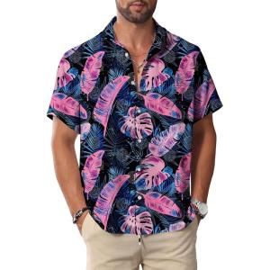 imageKYKU Hawaiian Mens Shirts Casual Beach Vacation Tropical Mens Button Down Short Sleeve Shirt with PocketLeaf Black Men Hawaiian Button Shirts