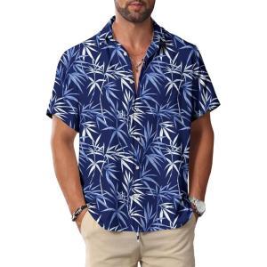 imageKYKU Hawaiian Mens Shirts Casual Beach Vacation Tropical Mens Button Down Short Sleeve Shirt with PocketLeaf Blue Men Hawaiian Button Shirts