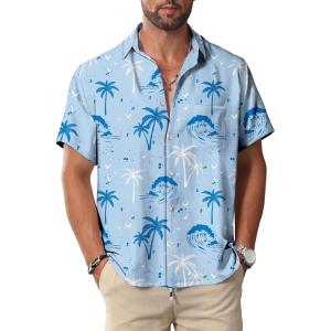 imageKYKU Hawaiian Mens Shirts Casual Beach Vacation Tropical Mens Button Down Short Sleeve Shirt with PocketLight Blue Hawaiian Men Button Down Shirt