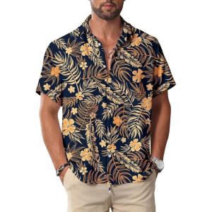 imageKYKU Hawaiian Mens Shirts Casual Beach Vacation Tropical Mens Button Down Short Sleeve Shirt with PocketNavy Blue Hawaiian Men Button Down Shirt