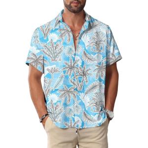 imageKYKU Hawaiian Mens Shirts Casual Beach Vacation Tropical Mens Button Down Short Sleeve Shirt with PocketTree Blue Men Hawaiian Button Shirts