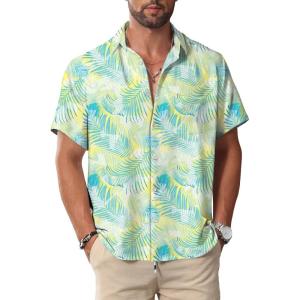 imageKYKU Hawaiian Mens Shirts Casual Beach Vacation Tropical Mens Button Down Short Sleeve Shirt with PocketYellow Blue Men Hawaiian Button Down Shirts