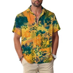 imageKYKU Hawaiian Mens Shirts Casual Beach Vacation Tropical Mens Button Down Short Sleeve Shirt with PocketYellow Hawaiian Men Button Down Shirt