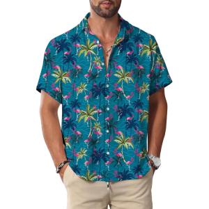 imageKYKU Hawaiian Men Button Shirt Casual Summer Beach Short Sleeve Clothing Tropical Vacations Clothes with PocketBlue Flamingos Men Hawaiian Button Shirt