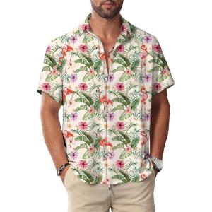 imageKYKU Hawaiian Men Button Shirt Casual Summer Beach Short Sleeve Clothing Tropical Vacations Clothes with PocketFlamingos Beige Men Hawaiian Button Shirt