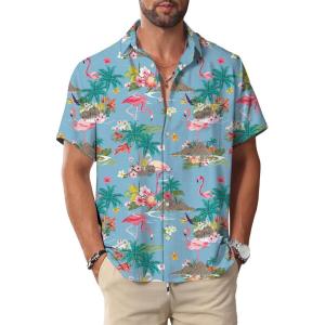 imageKYKU Hawaiian Men Button Shirt Casual Summer Beach Short Sleeve Clothing Tropical Vacations Clothes with PocketFlamingos Blue Men Hawaiian Button Shirt