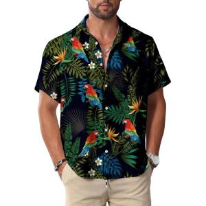 imageKYKU Hawaiian Shirt Button Men Parrots Print Short Sleeve Clothing Multicolor L