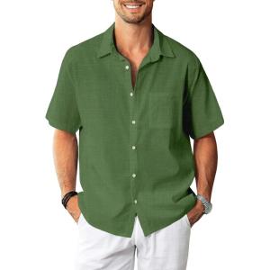imageKYKU Linen Shirts for Men Casual Cotton Mens Short Sleeve Button Down Shirts Beach Wedding Summer Clothes with PocketArmy Green Cotton Linen Mens Shirts