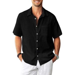 imageKYKU Linen Shirts for Men Casual Cotton Mens Short Sleeve Button Down Shirts Beach Wedding Summer Clothes with PocketBlack Cotton Linen Mens Shirts