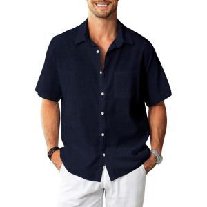 imageKYKU Linen Shirts for Men Casual Cotton Mens Short Sleeve Button Down Shirts Beach Wedding Summer Clothes with PocketDark Navy Blue Cotton Linen Mens Shirts