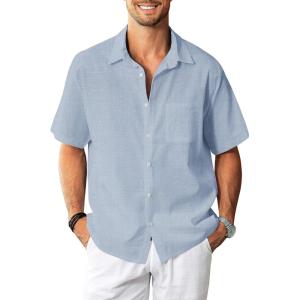 imageKYKU Linen Shirts for Men Casual Cotton Mens Short Sleeve Button Down Shirts Beach Wedding Summer Clothes with PocketDusty Blue Cotton Linen Mens Shirts