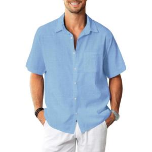 imageKYKU Linen Shirts for Men Casual Cotton Mens Short Sleeve Button Down Shirts Beach Wedding Summer Clothes with PocketIce Blue Cotton Linen Mens Shirts