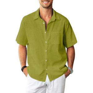 imageKYKU Linen Shirts for Men Casual Cotton Mens Short Sleeve Button Down Shirts Beach Wedding Summer Clothes with PocketLime Green Cotton Linen Mens Shirts