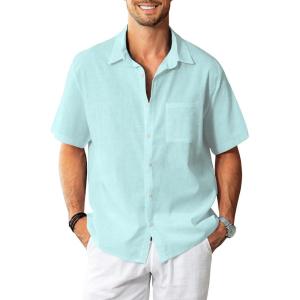 imageKYKU Linen Shirts for Men Casual Cotton Mens Short Sleeve Button Down Shirts Beach Wedding Summer Clothes with PocketMint Green Cotton Linen Mens Shirts