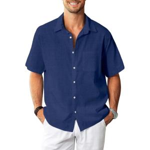 imageKYKU Linen Shirts for Men Casual Cotton Mens Short Sleeve Button Down Shirts Beach Wedding Summer Clothes with PocketNavy Blue Cotton Linen Mens Shirts