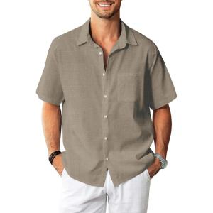 imageKYKU Linen Shirts for Men Casual Cotton Mens Short Sleeve Button Down Shirts Beach Wedding Summer Clothes with PocketOlive Gray Cotton Linen Mens Shirts