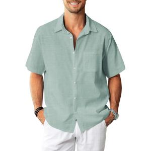 imageKYKU Linen Shirts for Men Casual Cotton Mens Short Sleeve Button Down Shirts Beach Wedding Summer Clothes with PocketSage Green Cotton Linen Mens Shirts