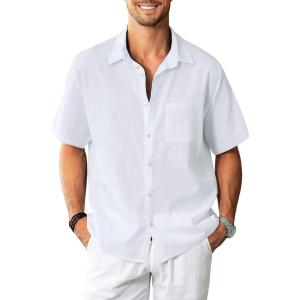 imageKYKU Linen Shirts for Men Casual Cotton Mens Short Sleeve Button Down Shirts Beach Wedding Summer Clothes with PocketWhite Cotton Linen Mens Shirts