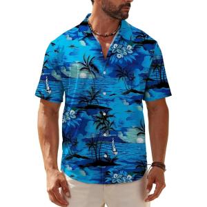 imageKYKU Hawaiian Shirt for Men Tropical Summer Beach Short Sleeve Button Down Shirt with PocketBlue Palm Tree Hawaiian Shirt for Men