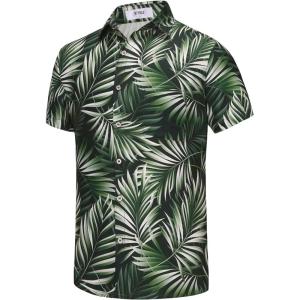 imageKYKU Hawaiian Shirt for Men Tropical Summer Beach Short Sleeve Button Down Shirt with PocketGreen Leaf