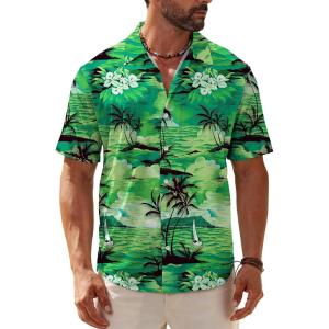 imageKYKU Hawaiian Shirt for Men Tropical Summer Beach Short Sleeve Button Down Shirt with PocketGreen Palm Tree Hawaiian Shirt for Men
