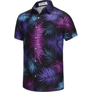 imageKYKU Hawaiian Shirt for Men Tropical Summer Beach Short Sleeve Button Down Shirt with PocketLeaf Blue Purple